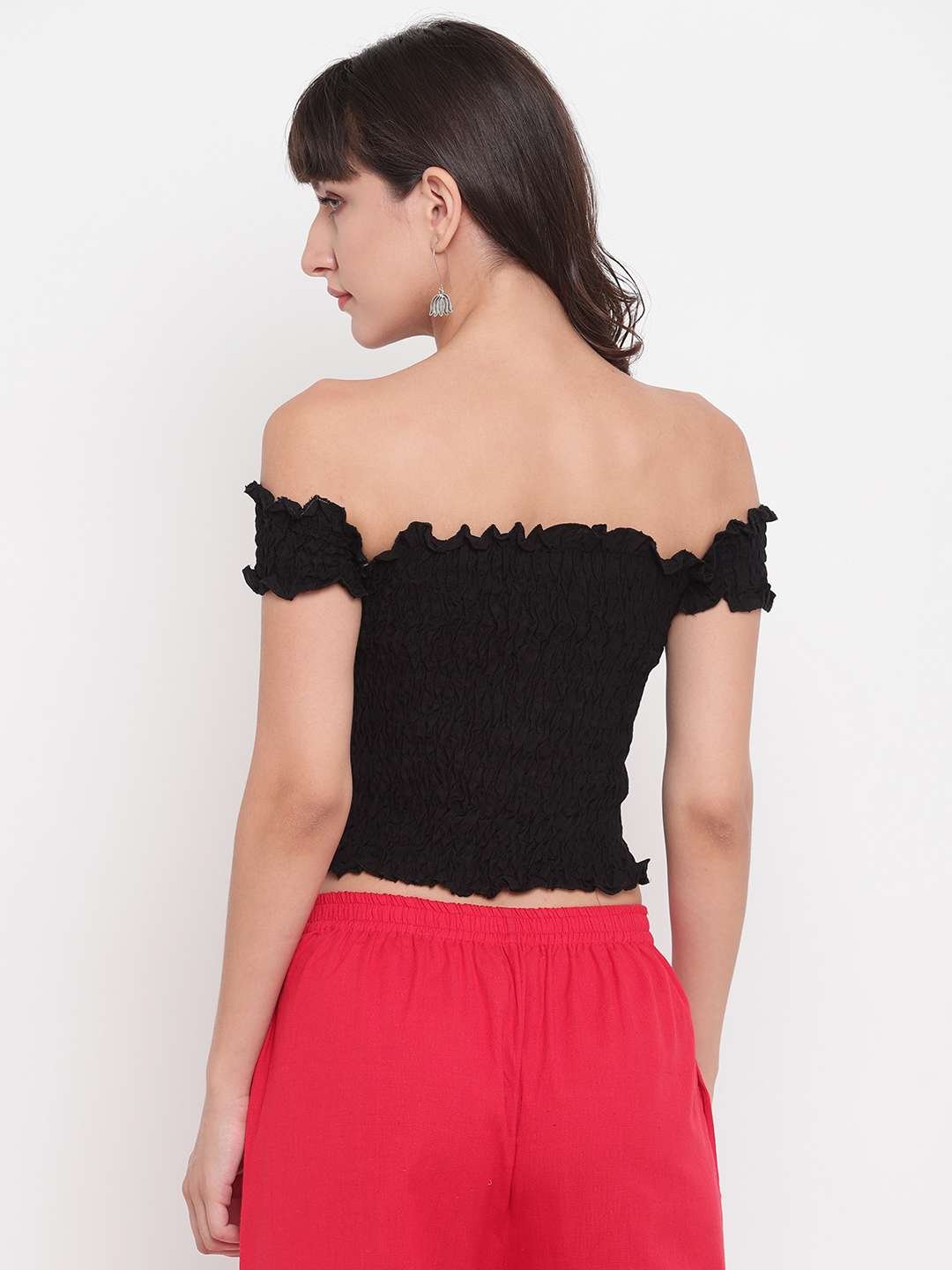 Women's Rayon Solid Off-Shoulder Smocked Crop Top Short Sleeve Casual Styles Tank Top (FREE SIZE) Multi18 - Image 2