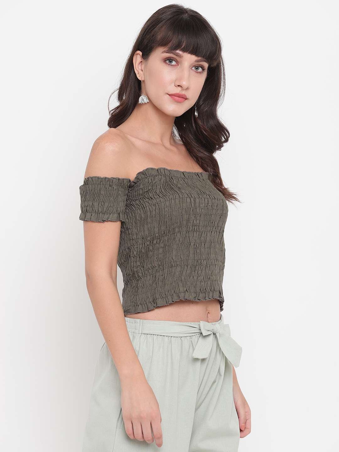 Women's Rayon Solid Off-Shoulder Smocked Crop Top Short Sleeve Casual Styles Tank Top (FREE SIZE) Multi15